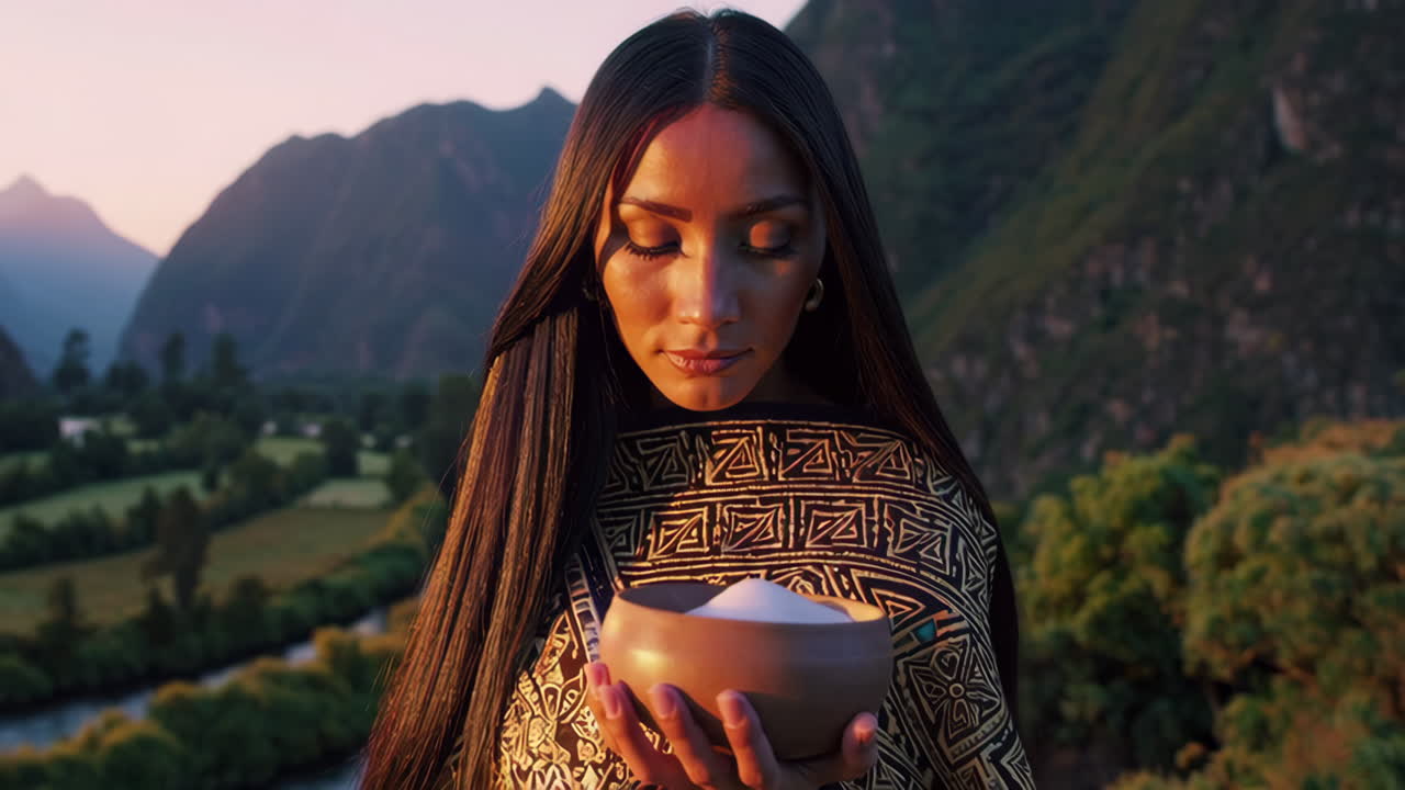 Woman in Traditional Attire with a Bowl During Sunrise/Sunset Ceremony in the Mountains