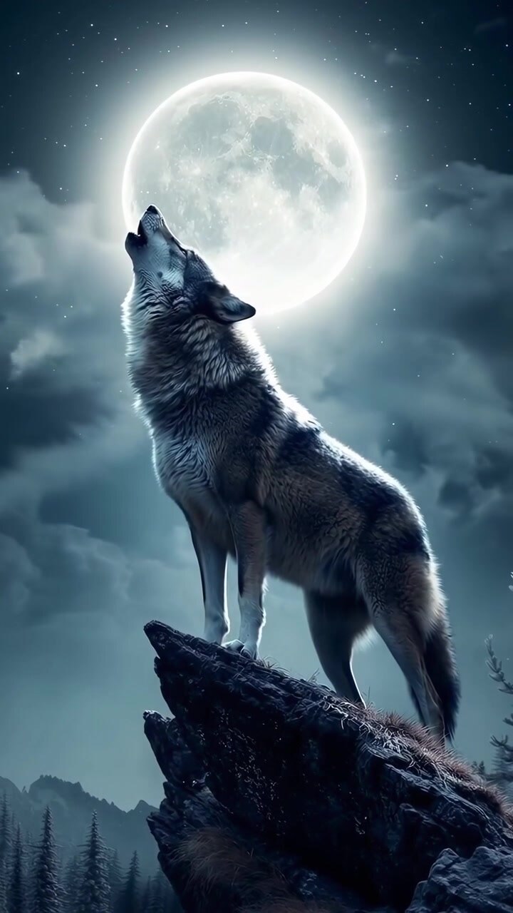 Lobo aullando a la luna llena en un acantilado rocoso de noche