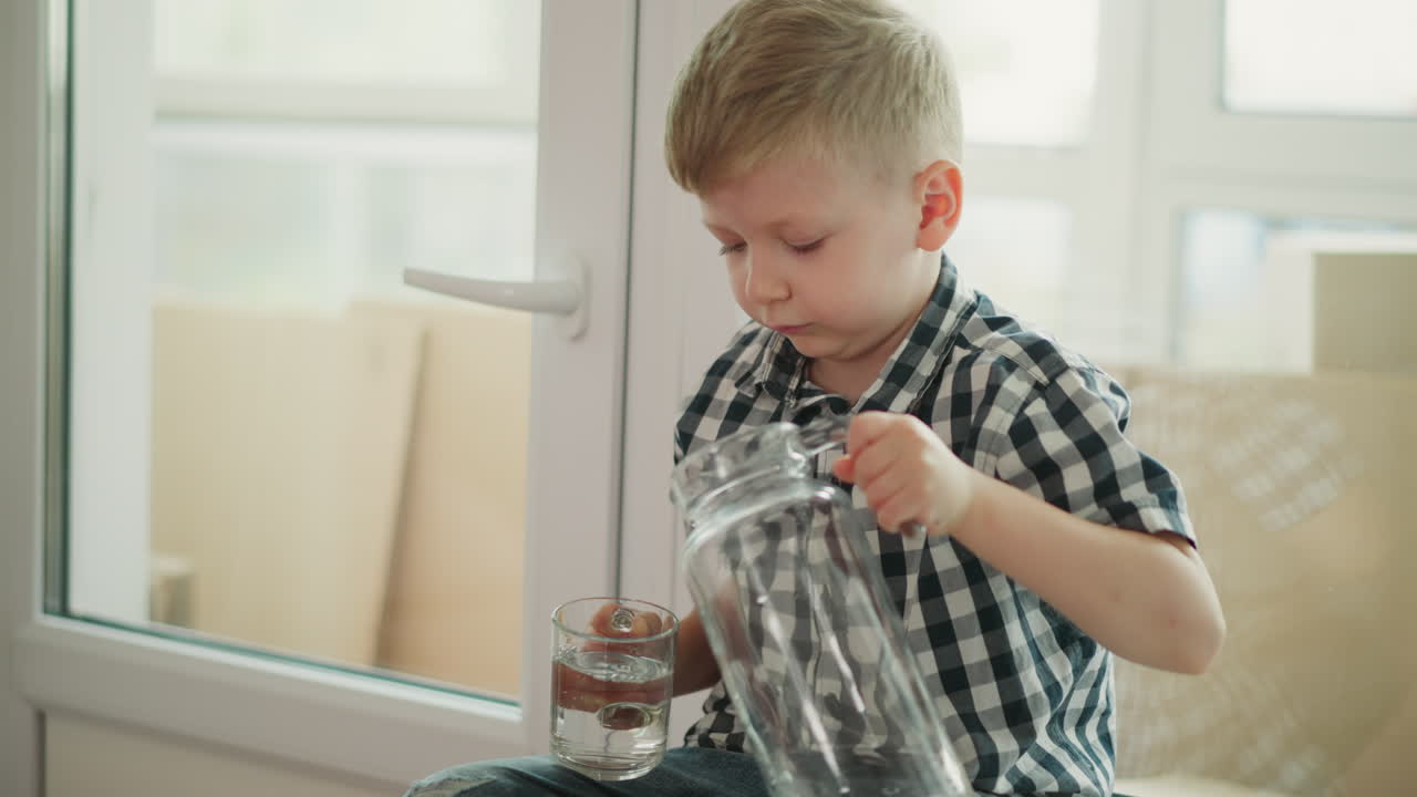 A boy pouring water from a pitcher into a glass