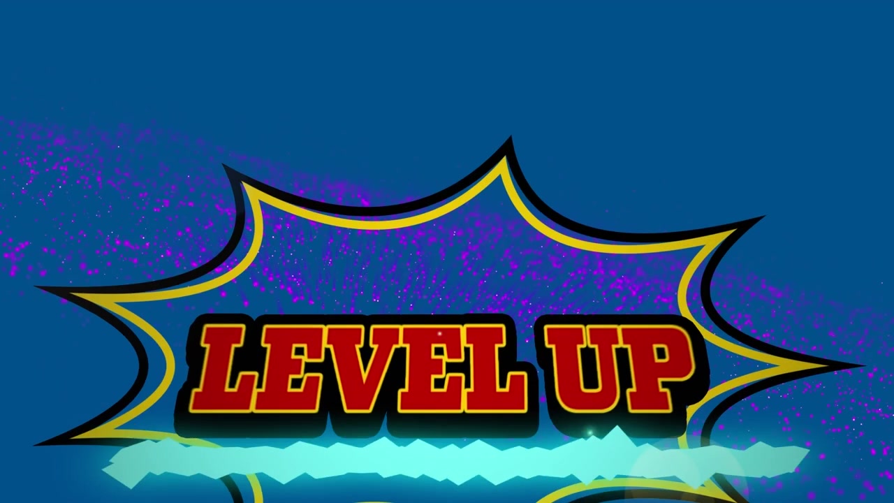 Animation of level up text and shapes on blue background