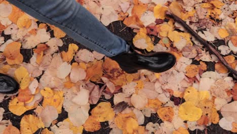 View-of-female-legs-walking-through-and-kicking-autumn-leaves-,-slow-motion