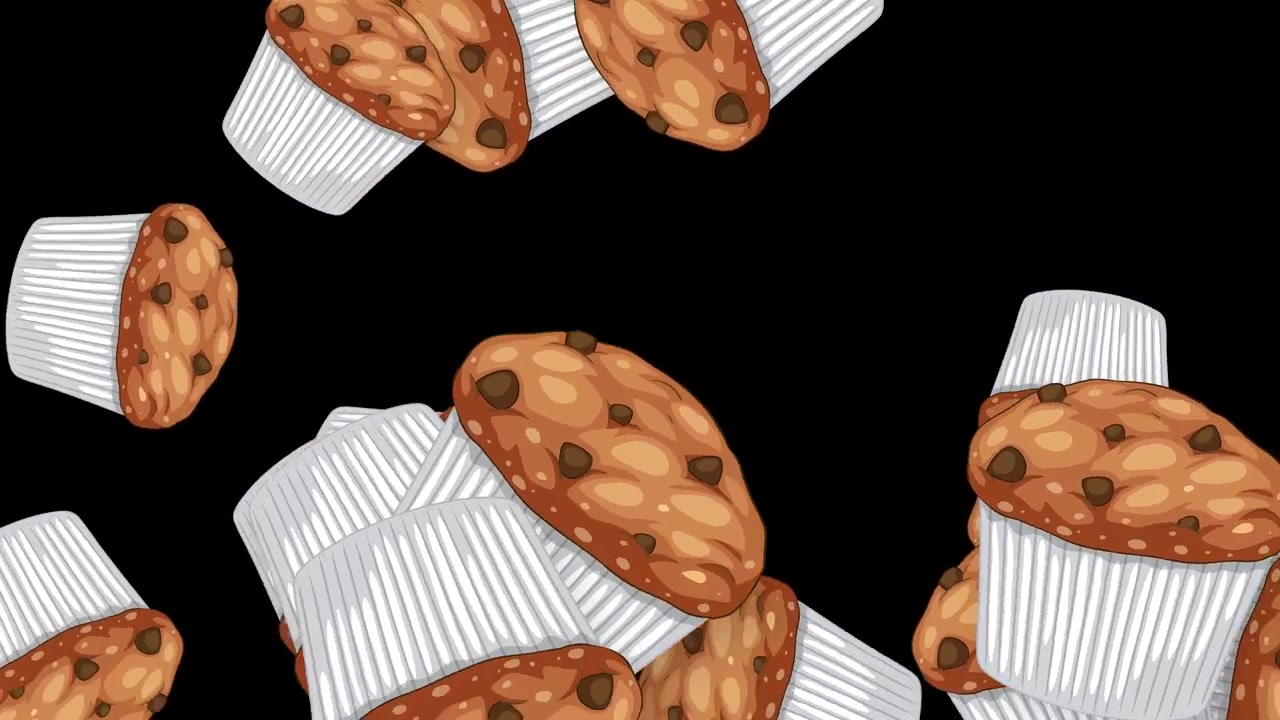 Cartoon chocolate chip muffins fly and tumble across a black background in dynamic motion.