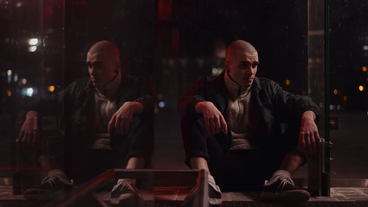 Man sitting alone with his reflection at a city bus stop at night