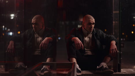 man sitting alone with his reflection at a city bus stop at night