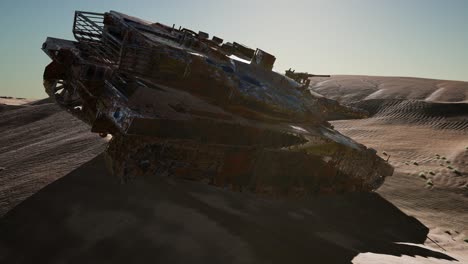 tanques militares destruidos en el desierto al atardecer