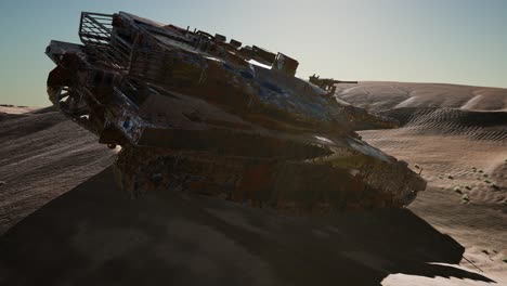 militairy tanks destructed in the desert at sunset