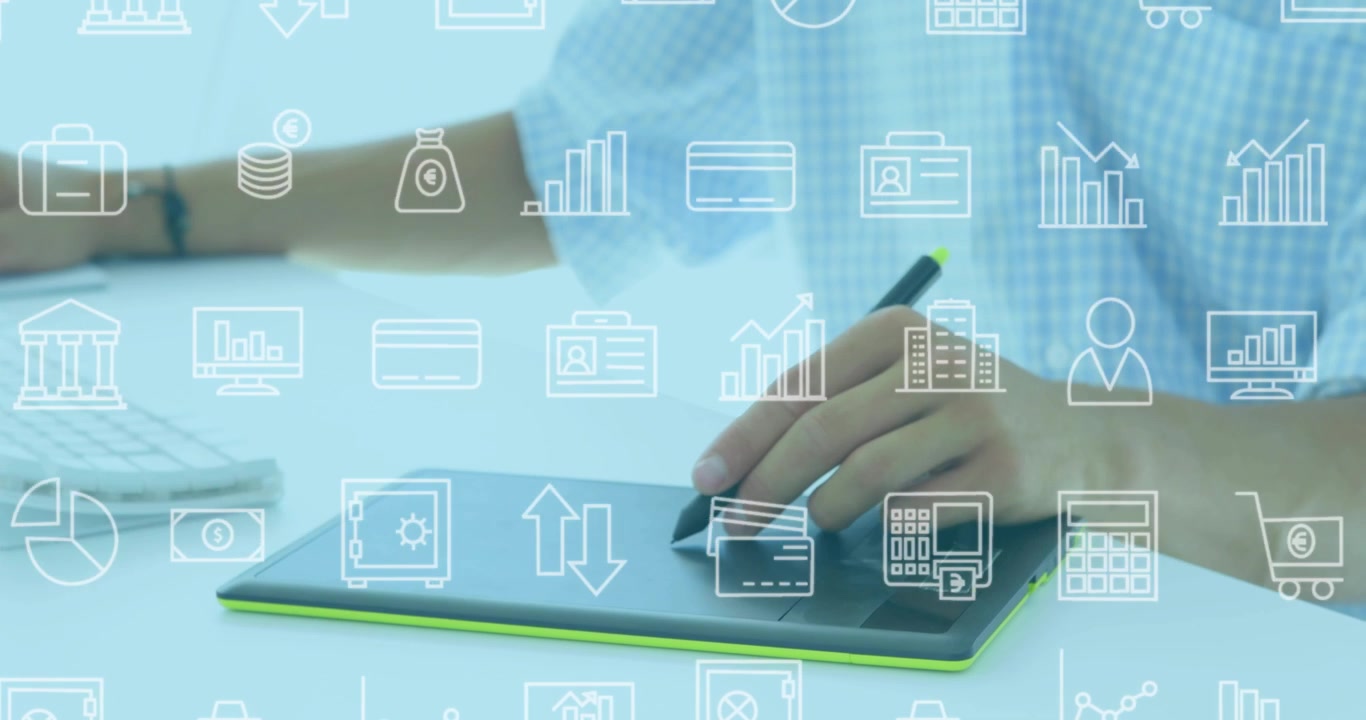 Man picking stylus while typing on keyboard, sketching data annotations with floating finance icons