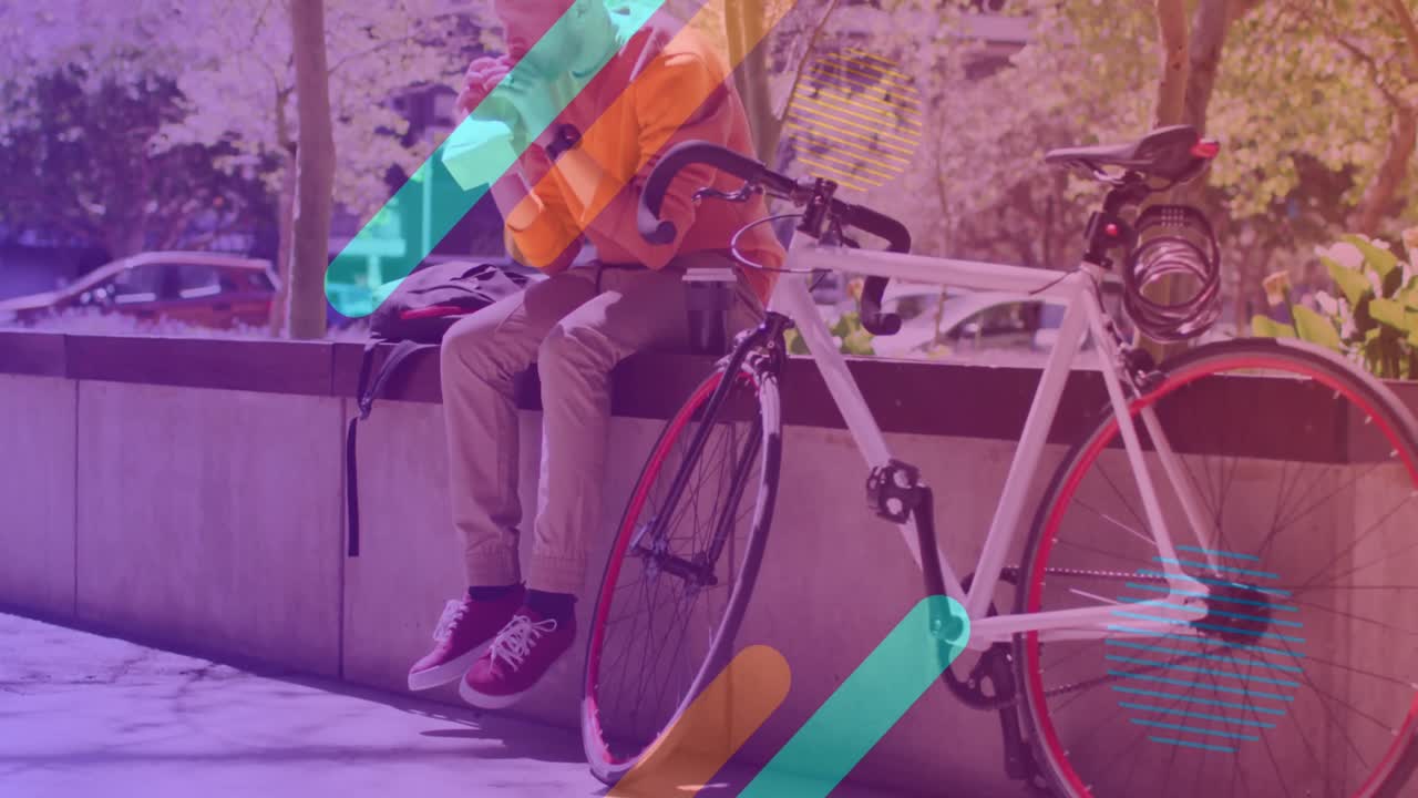 자전거와 함께 앉아 있는 알비노 아프리카계 미국인 남자 위의 모양의 애니메이션