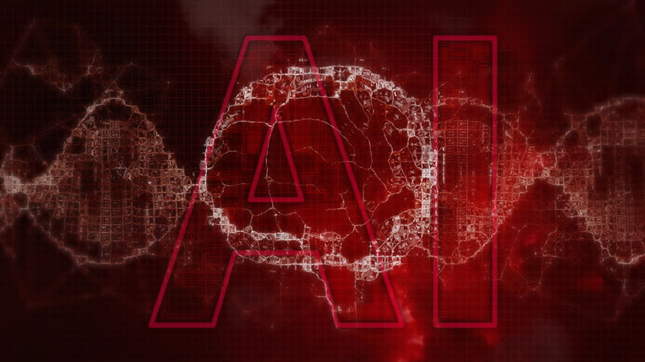 ai texto con cadena de adn y procesamiento de datos digitales sobre fondo rojo