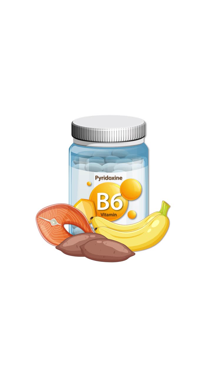Flacone di Vitamina B6 con banana, patata dolce e salmone su sfondo bianco pulito