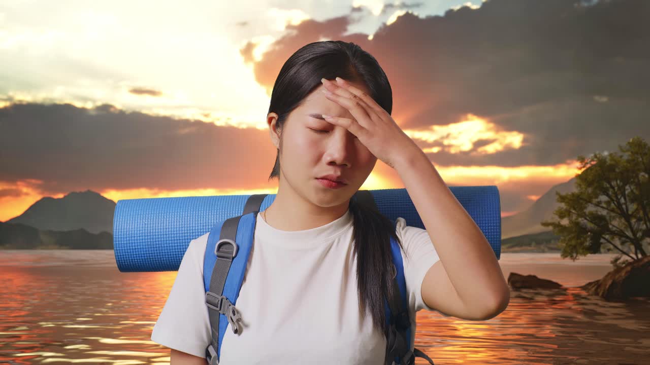 Woman with Headache on a Hiking Trip
