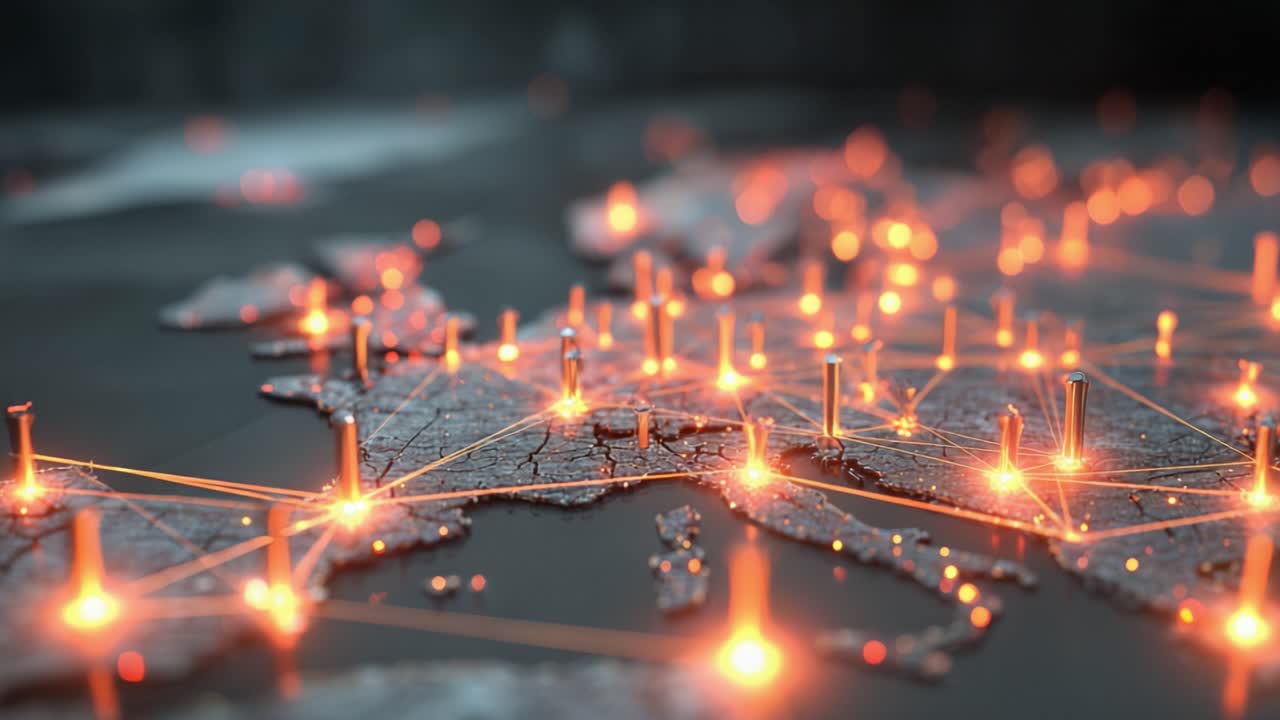 Abstract 3d rendering of a European map with glowing connection points and animated light beams representing data transmission, communication, technology, and global connectivity
