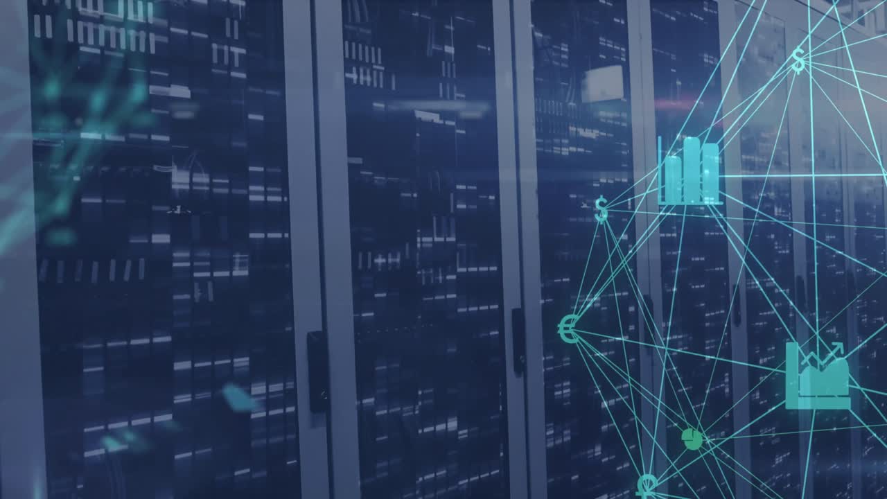 animación de globo giratorio de iconos financieros y cuadrados de mosaico contra la sala de servidores de computadora