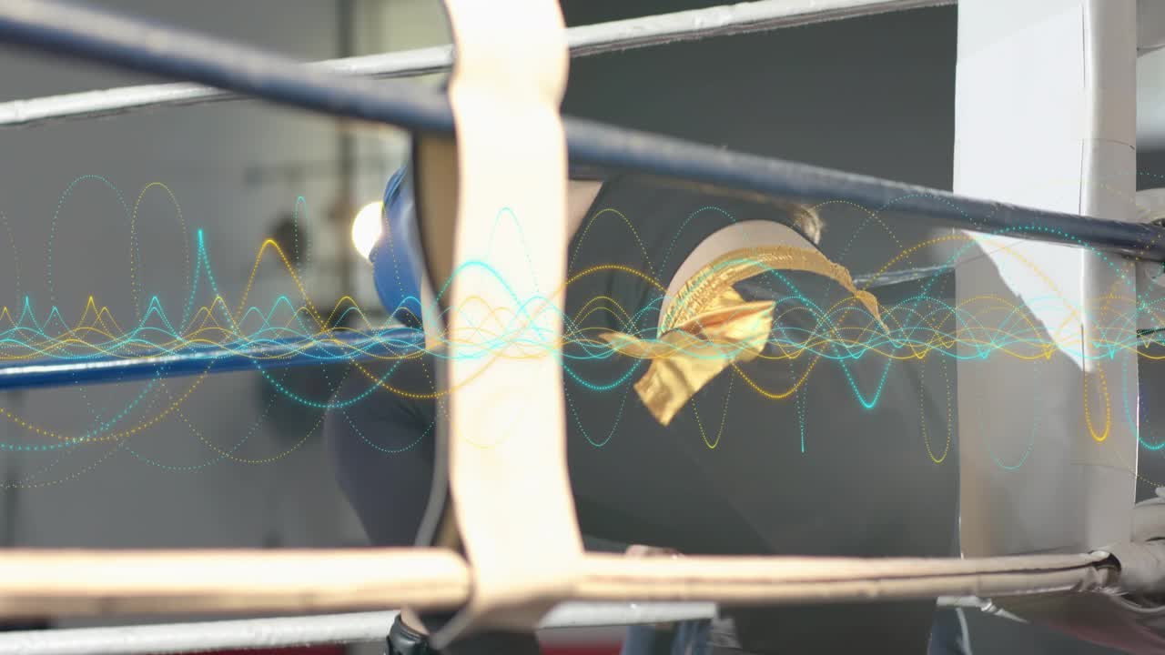 Woman boxer resting corner fixing headgear as coach approaching bottle and waveform syncing breath