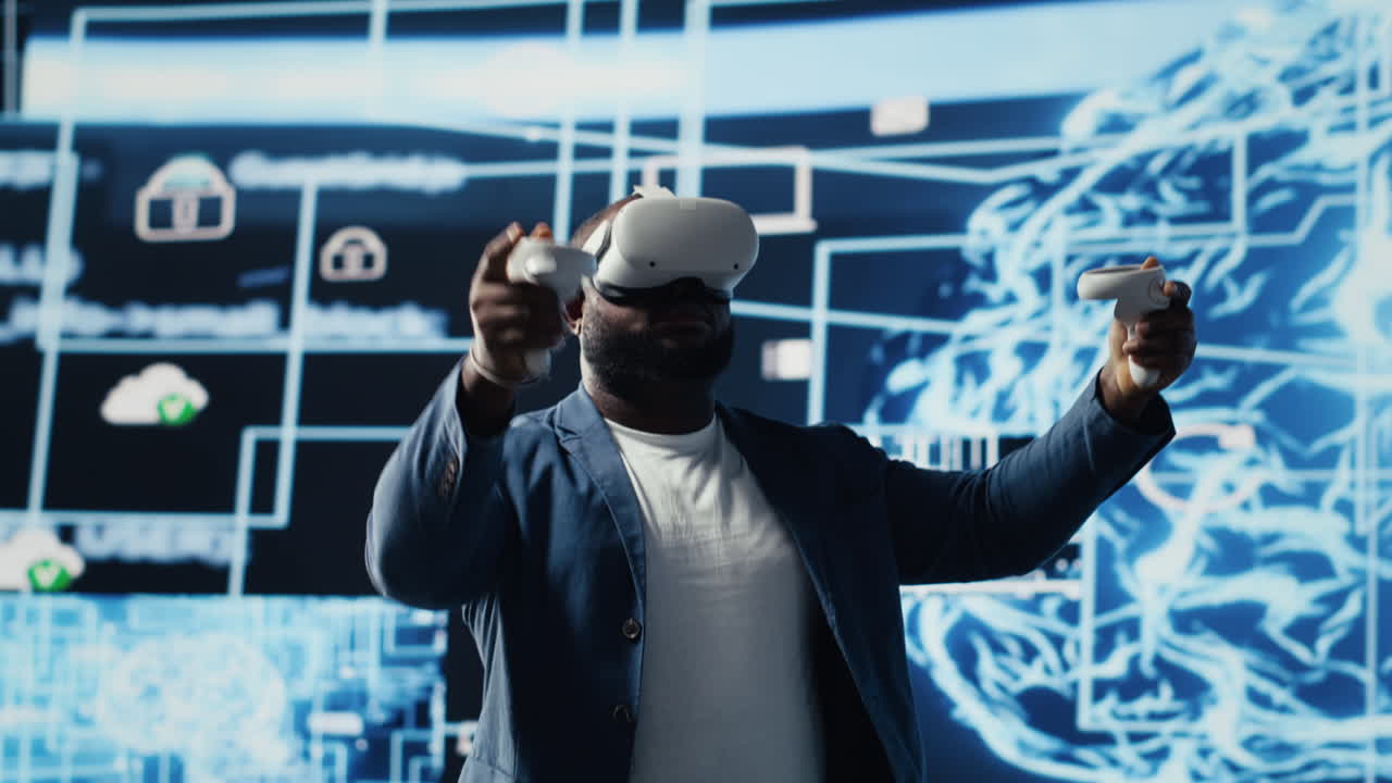 African American engineer working on machine learning with virtual reality tools