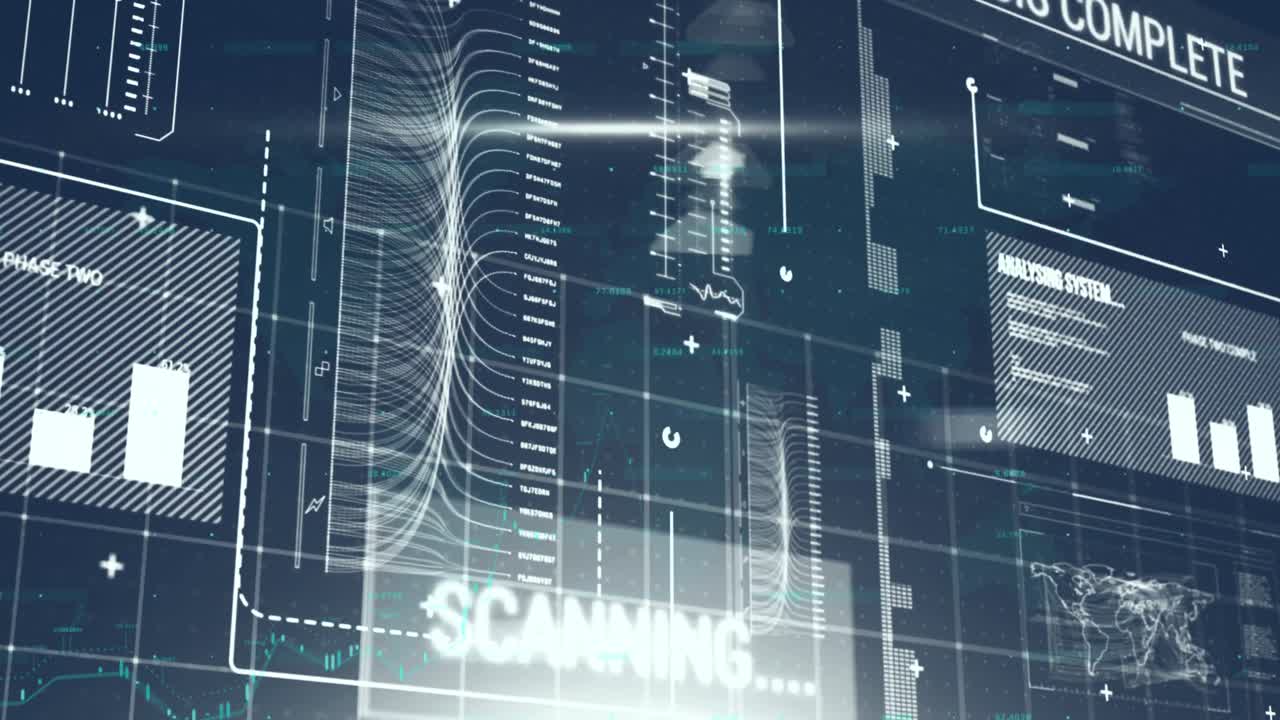 Animation of data processing and shapes on blue background