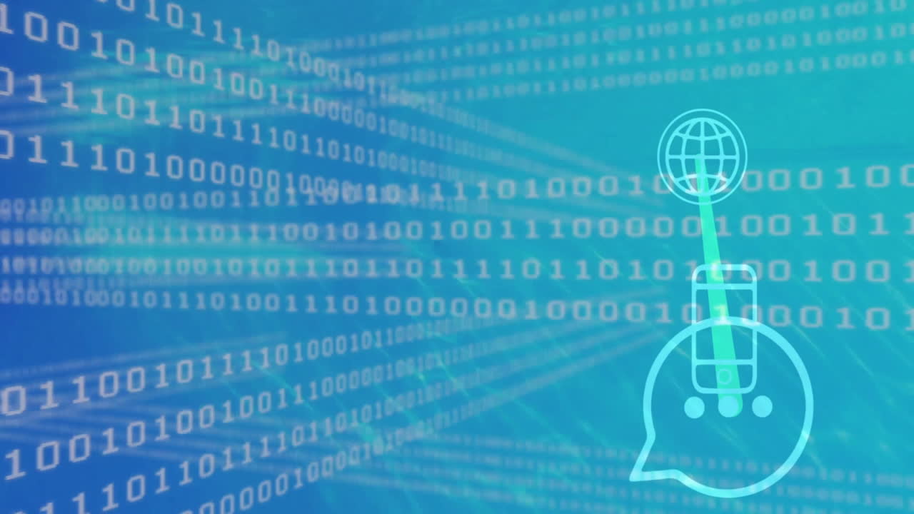 Animation of ai icons and globe over binary coding data processing on blue background