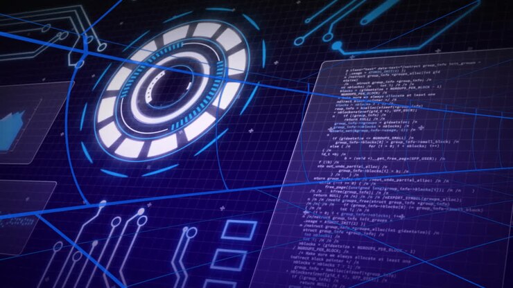 Coding and data visualization elements in futuristic digital interface animation