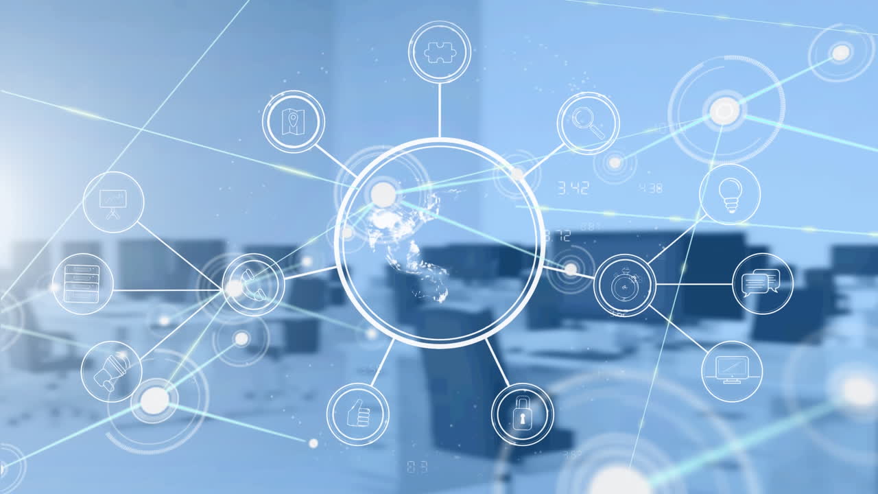 백그라운드에서 비어 있는 사무실 위에 아이콘을 가진 연결 네트워크의 애니메이션