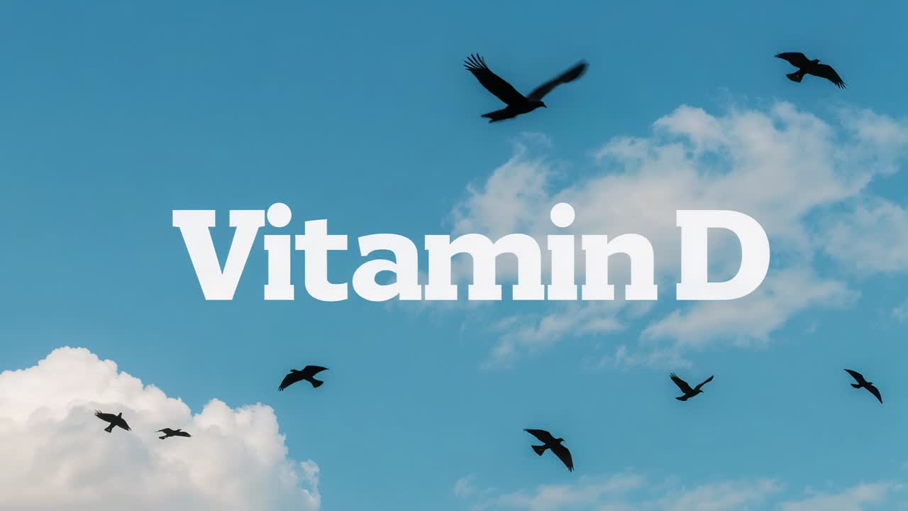 Entering from left, small flock of birds flying across blue sky over centered bold 'Vitamin D'
