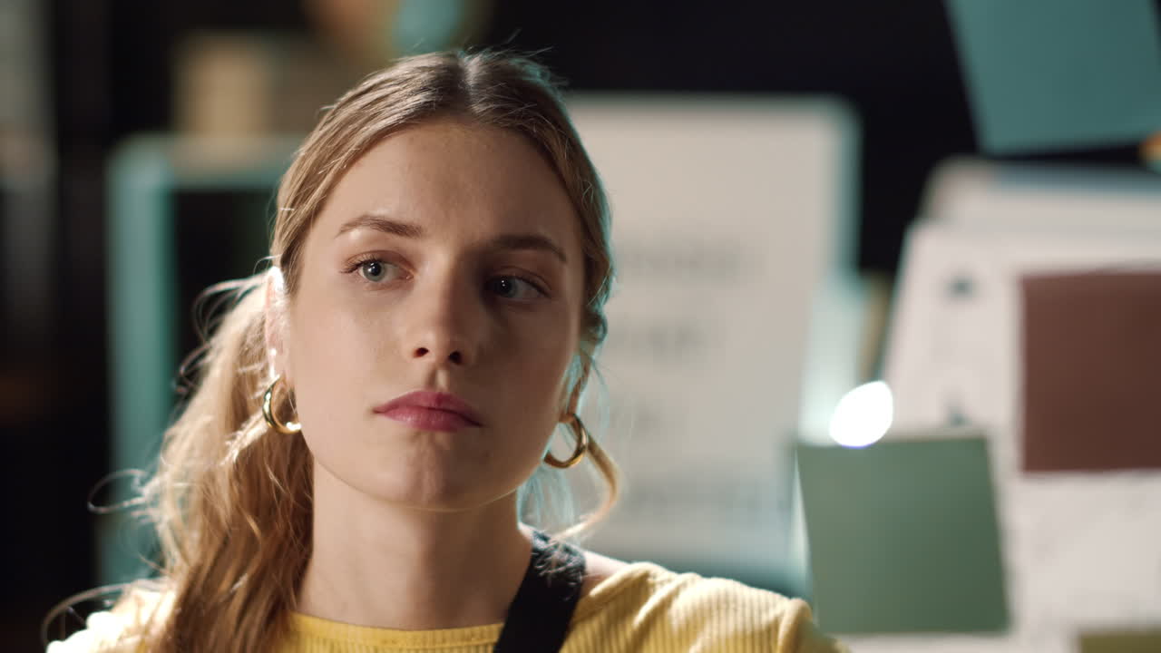 портрет вдумчивой бизнес-женщины, ставящей наклейку на борт