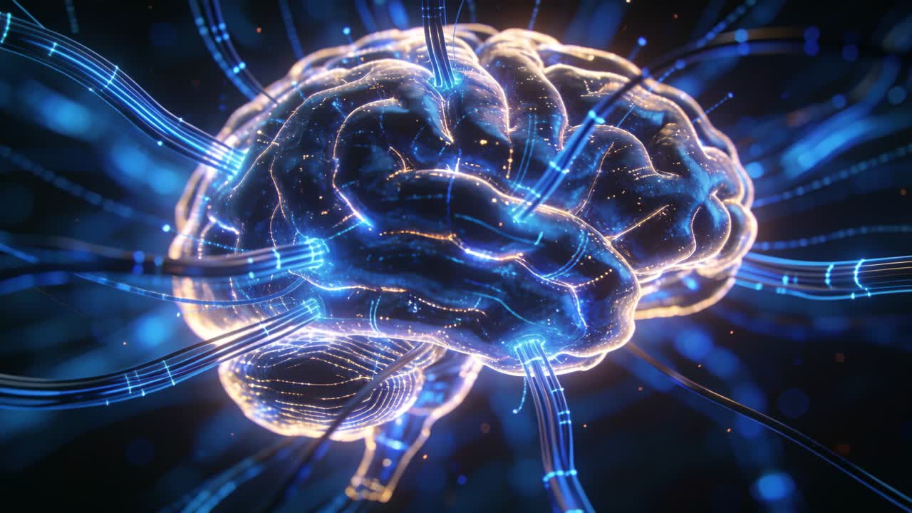 Sending signal driving glowing brain pulsing fiber cables in space, mapping network, orange sparks