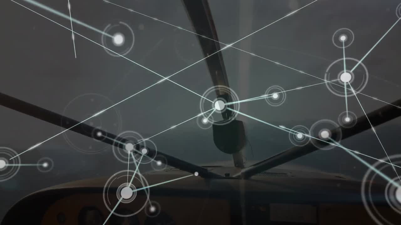 하늘을 날아다니는 비행기의 조종실 위의 연결 네트워크의 애니메이션