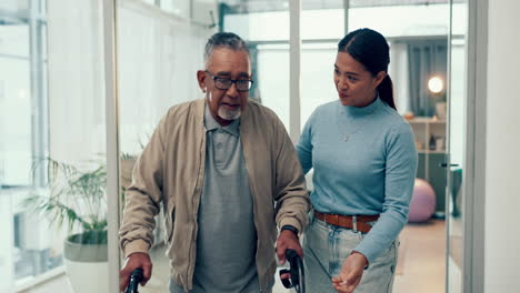 Woman,-physiotherapist-and-patient-with-walker