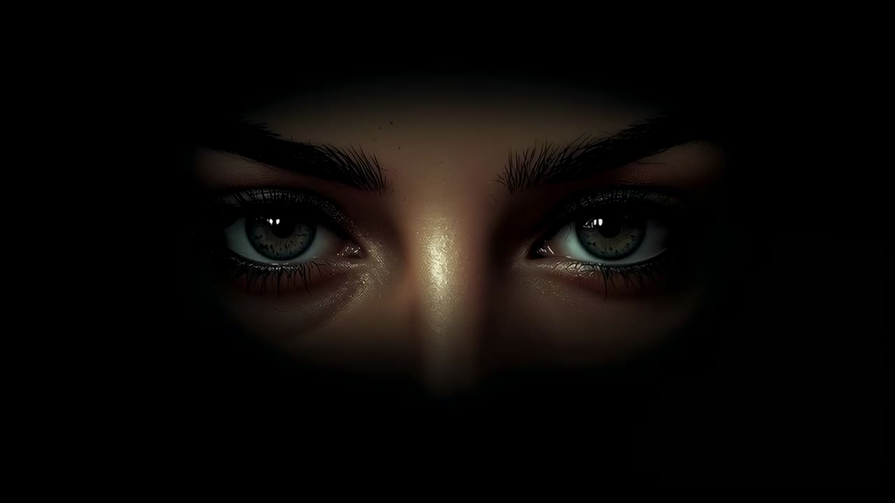 Blinking female eyes closing prompted by narrow light slit in dark showing eyelids lashes eyeshadow
