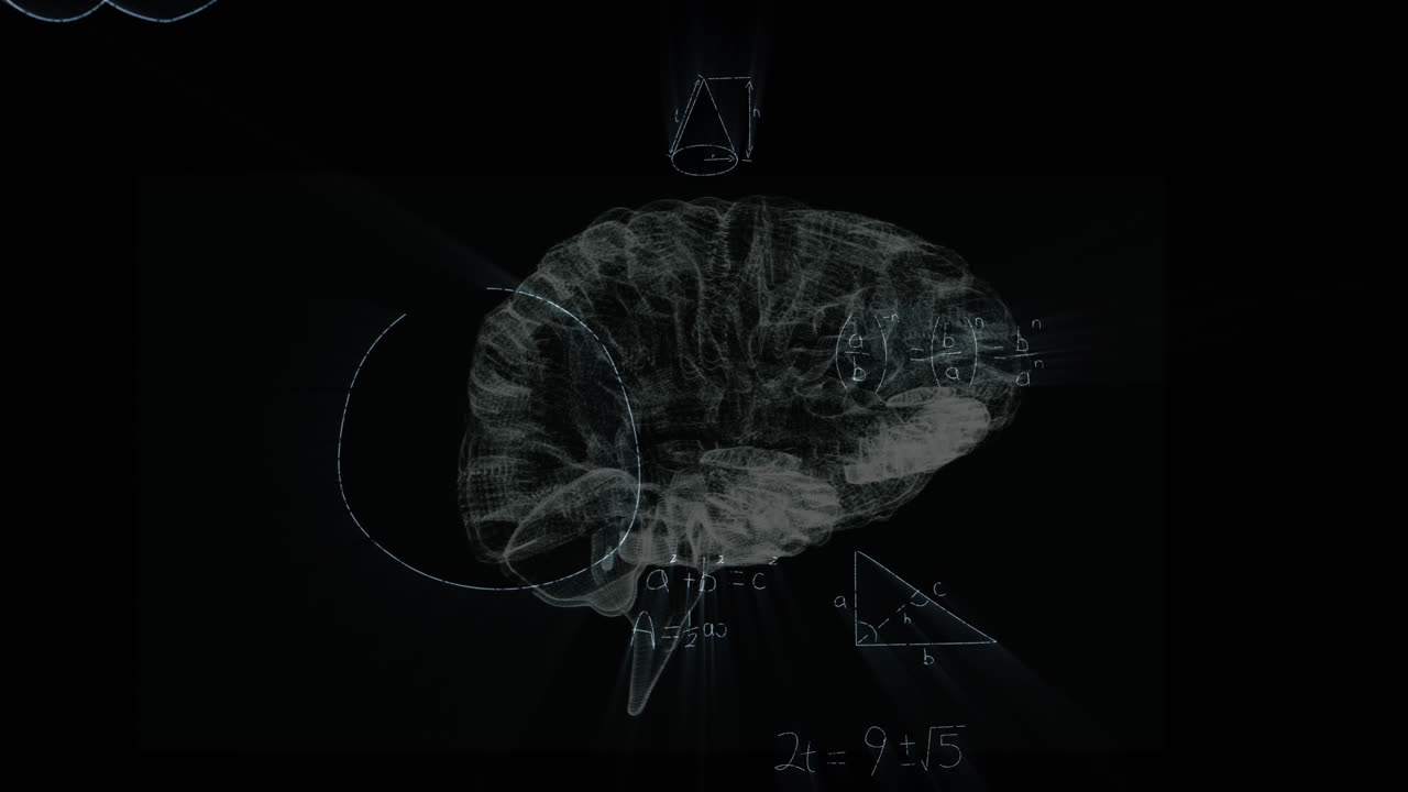 animación de ecuaciones matemáticas sobre un modelo digital del cerebro humano sobre un fondo negro
