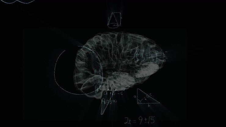 Animation of mathematical equations over digital model of human brain on black background