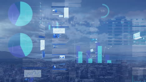 animation of data processing with city in background