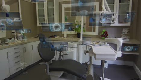 in dental office, animation of futuristic holographic displays over equipment