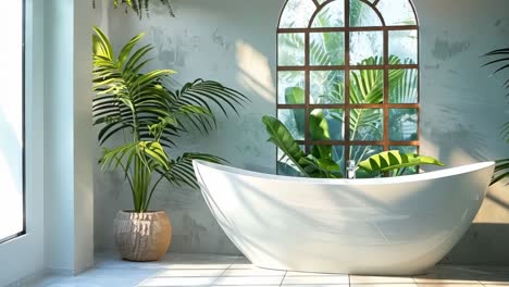 a white bathtub sitting in a bathroom next to a window