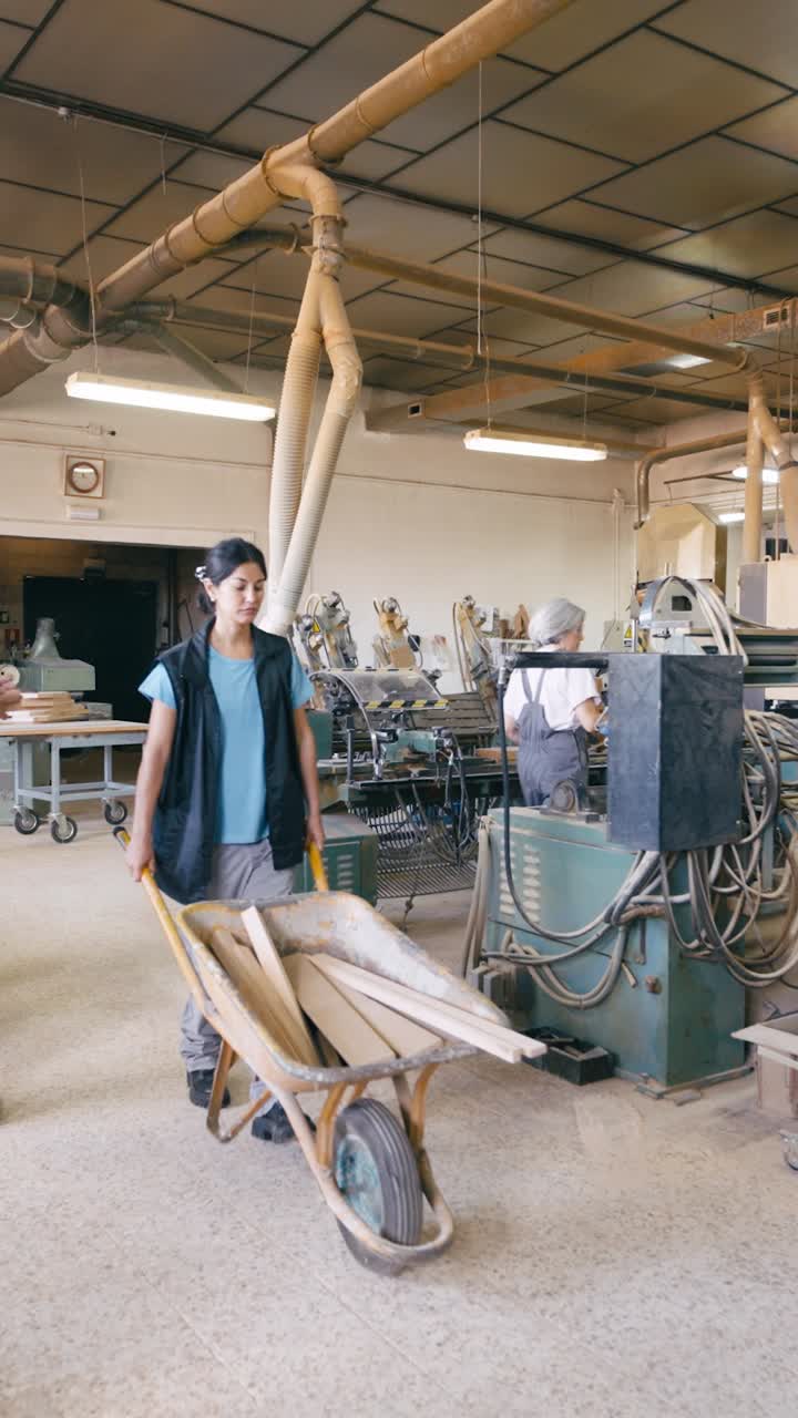 Woman Pushing Wheelbarrow with Wood in a Busy Woodworking Workshop