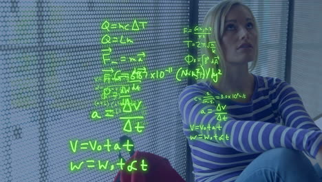 animation of equations over worried caucasian female student sitting in school corridor