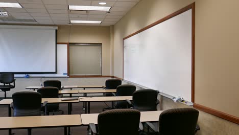 right view of empty classroom with whiteboards and projection screen