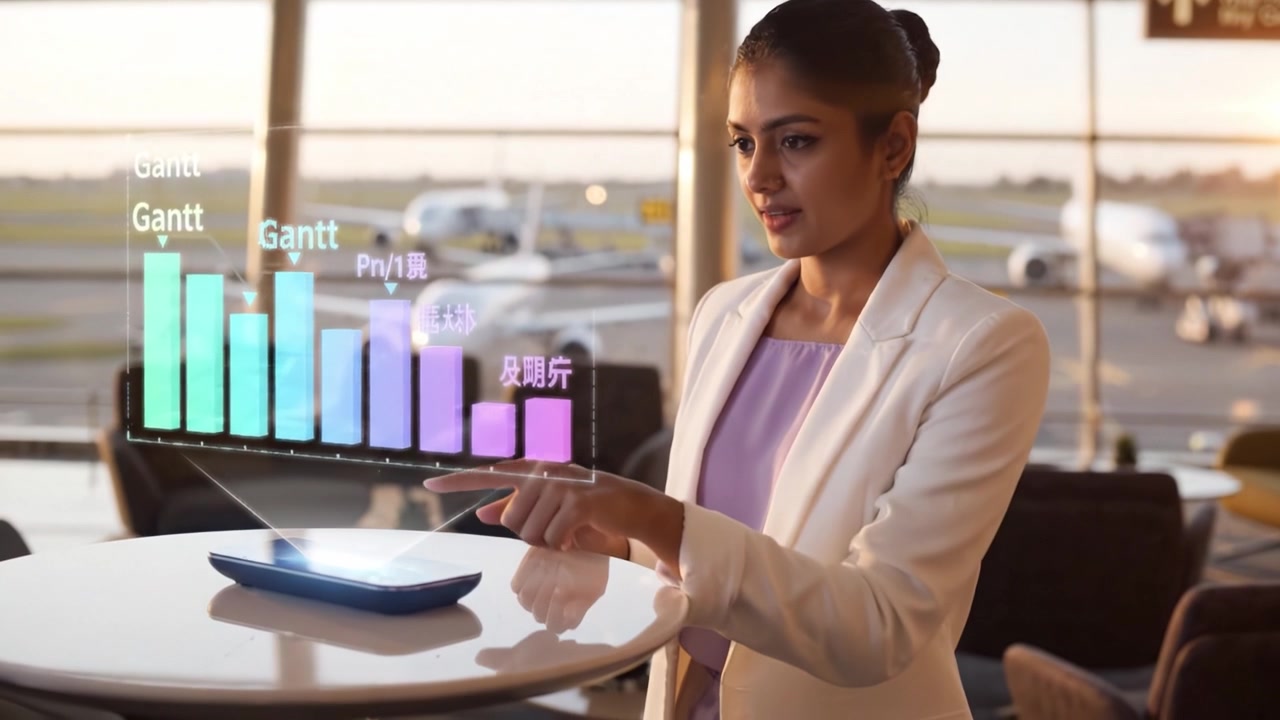 Professional Woman Analyzing Data On Tablet While Waiting At Airport, Using Gantt Chart Visualization To Plan Her Travel Schedule Effectively During Sunset.