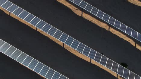 Aerial-descending-on-top-of-solar-plant-of-panels,-renewable-energy