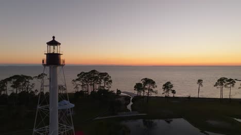 Aerial-of-an-orange-sunset-and-beautiful-coastal-views-at-Cape-San-Blas-Lighthouse-in-Port-St