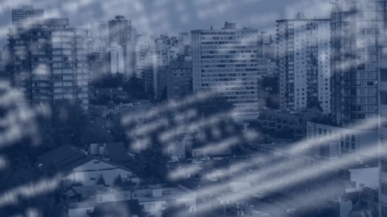 Animación del procesamiento de datos sobre paisaje urbano