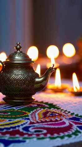 Diwali Celebration with Traditional Teapot and Lamps