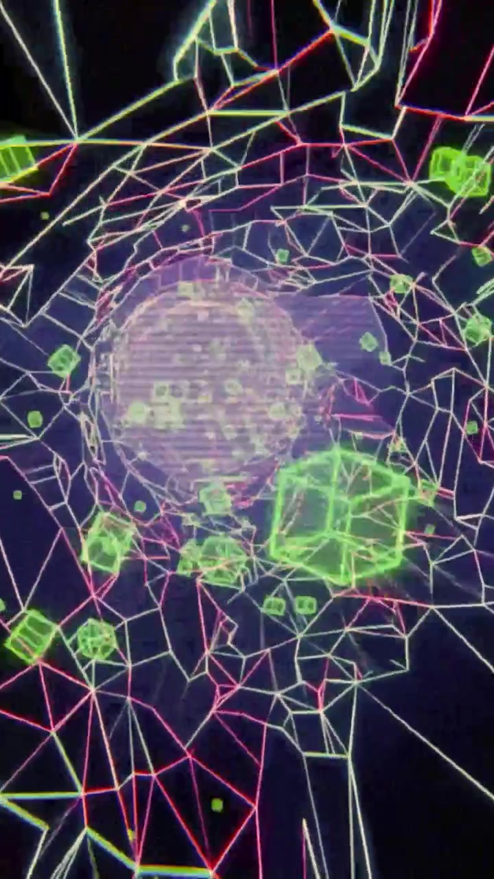 Flying Through a Neon Wireframe Digital Tunnel with Glowing Cubes
