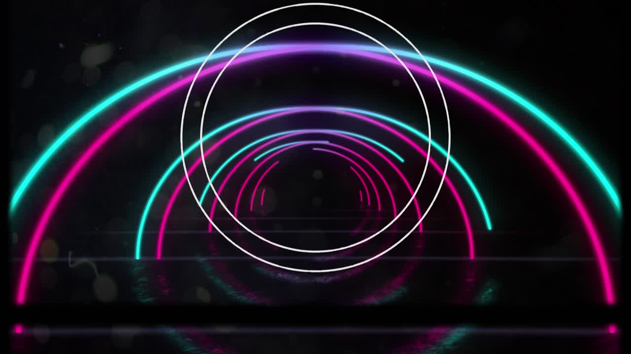 검은색 배경에 움직이는 파란색과 분홍색 네온 반 원의  ⁇  반지와 터널의 애니메이션