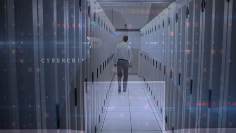 animation of cyber attack warning over hacker and caucasian man in server room