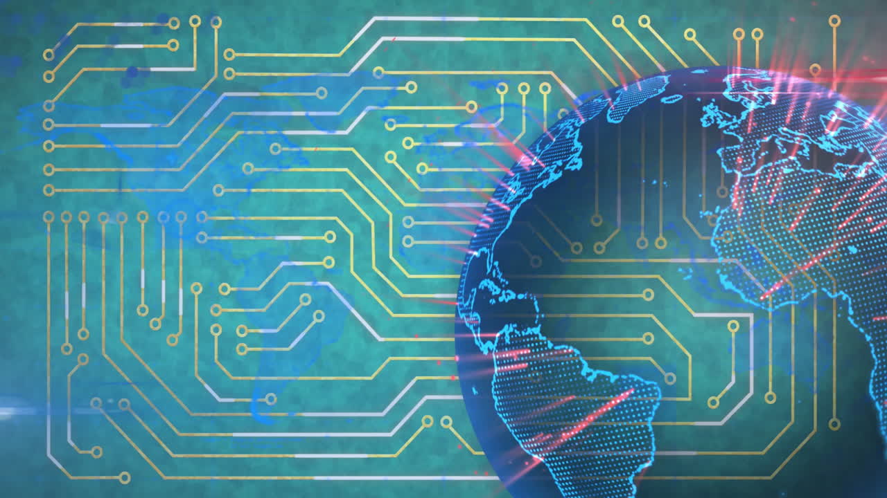 Glowing Earth globe connected by digital circuit pattern, representing global technology
