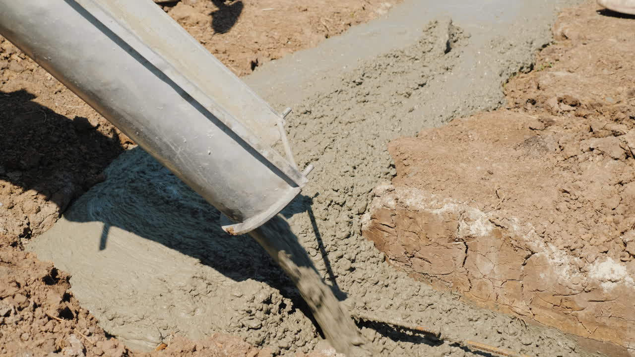 el hormigón fluye a través de la tubería hacia los cimientos del concepto de construcción de cabañas en el sótano