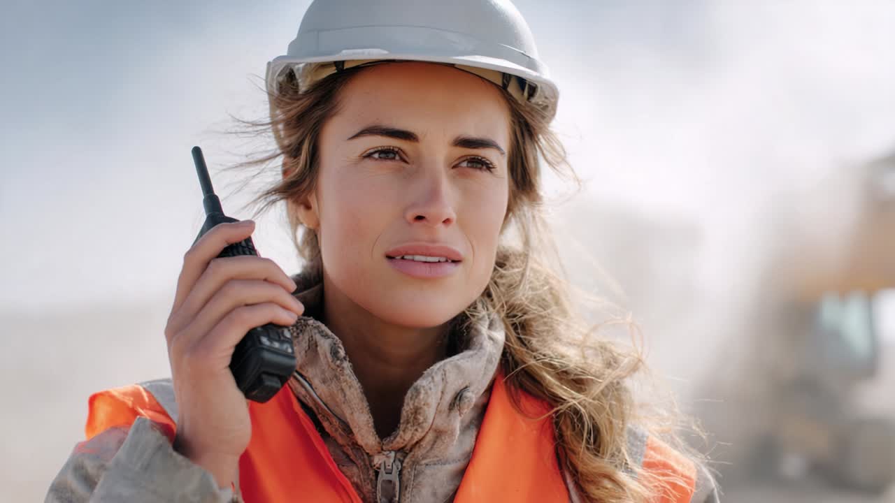 Female construction worker with walkie-talkie