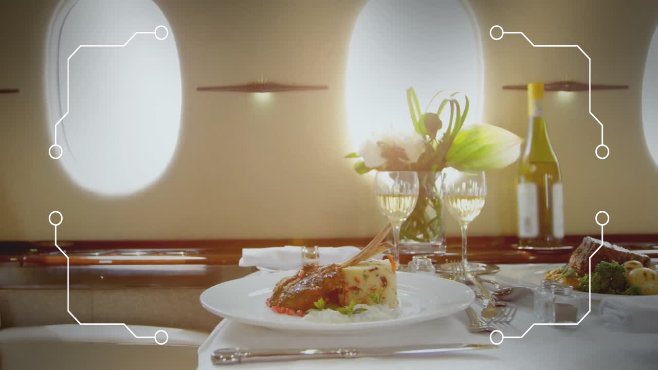 디지털 인터페이스 애니메이션으로 럭셔리 항공편에서 제공되는 맛있는 식사와 와인