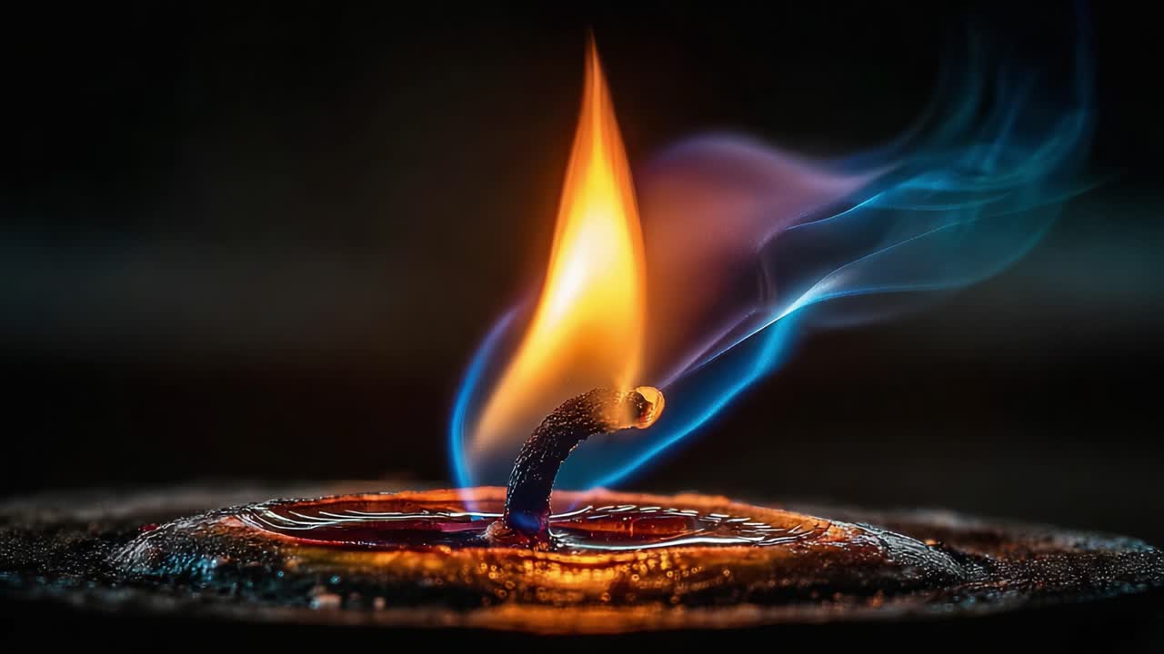 A Captivating Close-Up of a Candle Flame Emitting Vibrant Colors and Ethereal Smoke, Highlighting the Dance of Light and Shadows in a Darkened Environment